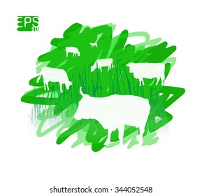 Vector eco banner of organic healthy nutrition. White cows on the background of green field. Eps 10.