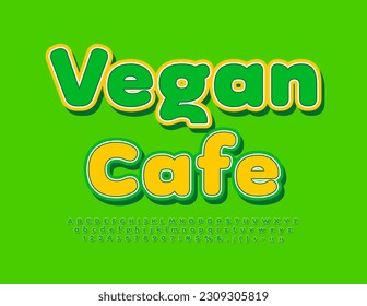 Vector eco Banner Vegan Cafe. Green and Yellow bright Font. Creative Alphabet Letters, Numbers and Symbols set