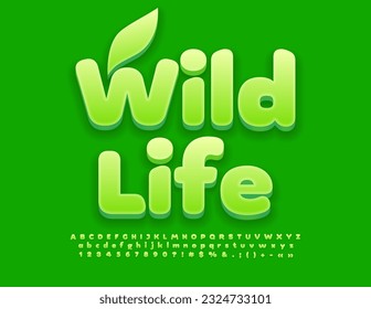 Vector eco banner Wild Life with decorative Leaf. Trendy Alphabet Letters, Numbers and Symbols set. Modern 3D Font 