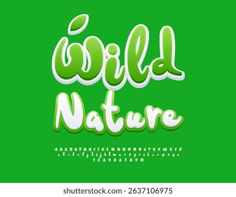 Vector Eco banner Wild Nature. Funny Playful Font. Modern White and Green Alphabet Letters and Numbers set. 