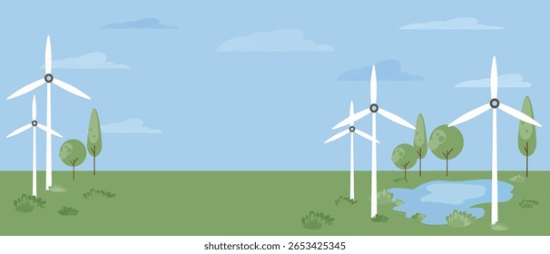 Vector eco banner with wind turbines and green landscape