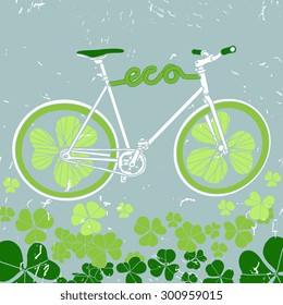 Vector eco bicycle with clover and grunge background