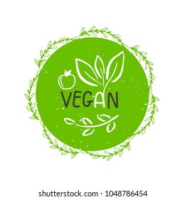 Vector eco, bio green logo or sign. Vegan  healthy food badge, tag for cafe, restaurants, products packaging. Hand drawn leaves, branches, plant elements with lettering. Organic design template.