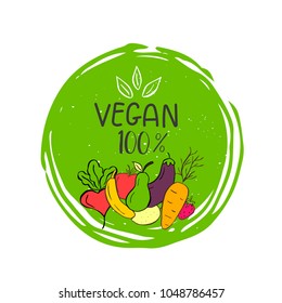 Vector eco, bio green logo or sign. Vegan  healthy food badge, tag for cafe, restaurants, products packaging. Hand drawn leaves, branches, plant elements with lettering. Organic design template.