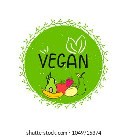 Vector eco, bio green logo or sign. Vegan  healthy food badge, tag for cafe, restaurants, products packaging. Hand drawn leaves, branches, plant elements with lettering. Organic design template.