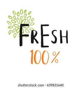 Vector eco, bio green logo or sign. Vegan, raw, healthy food badge, tag for cafe, restaurants, products packaging. Hand drawn leaves, branches, plant elements with lettering. Organic design template.