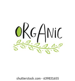 Vector eco, bio green logo or sign. Vegan, raw, healthy food badge, tag for cafe, restaurants, products packaging. Hand drawn leaves, branches, plant elements with lettering. Organic design template.