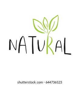 Vector eco, bio green logo or sign. Vegan, raw, healthy food badge, tag for cafe, restaurants, products packaging. Hand drawn leaves, branches, plant elements with lettering. Organic design template.