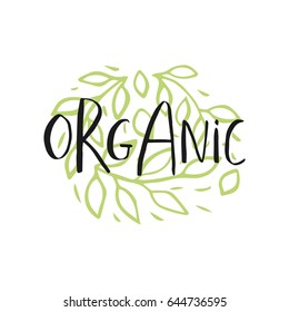 Vector eco, bio green logo or sign. Vegan, raw, healthy food badge, tag for cafe, restaurants, products packaging. Hand drawn leaves, branches, plant elements with lettering. Organic design template.