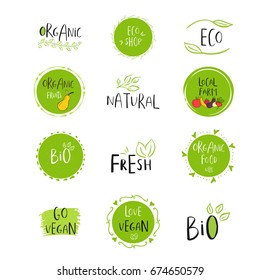 Vector eco, bio green logo or sign. Vegan, raw, healthy food badge, tag for cafe, restaurants, products packaging. Hand drawn plant elements with lettering. Organic design template.
