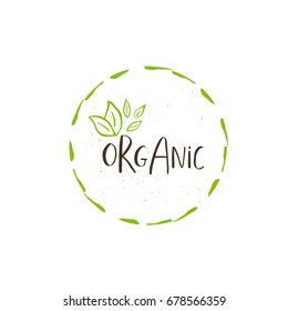 Vector eco, bio green logo or sign. Vegan, raw, healthy food badge, tag for cafe, restaurants, products packaging. Hand drawn plant elements with lettering. Organic design template.