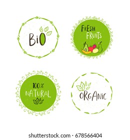 Vector eco, bio green logo or sign. Vegan, raw, healthy food badge, tag for cafe, restaurants, products packaging. Hand drawn plant elements with lettering. Organic design template.