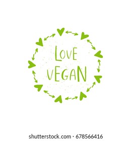 Vector eco, bio green logo or sign. Vegan, raw, healthy food badge, tag for cafe, restaurants, products packaging. Hand drawn plant elements with lettering. Organic design template.