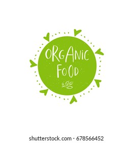 Vector eco, bio green logo or sign. Vegan, raw, healthy food badge, tag for cafe, restaurants, products packaging. Hand drawn plant elements with lettering. Organic design template.