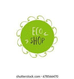Vector eco, bio green logo or sign. Vegan, raw, healthy food badge, tag for cafe, restaurants, products packaging. Hand drawn plant elements with lettering. Organic design template.