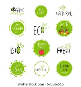Vector eco, bio green logo or sign. Vegan, raw, healthy food badge, tag for cafe, restaurants, products packaging. Hand drawn plant elements with lettering. Organic design template.