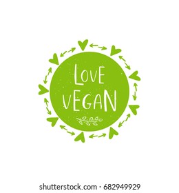 Vector eco, bio green logo or sign. Vegan, raw, healthy food badge, tag for cafe, restaurants, products packaging. Hand drawn plant elements with lettering. Organic design template.
