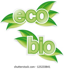 Vector of eco  and bio labels with green leaves.