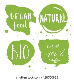 Vector eco  bio logos.Vegan, organic food, gluten free logos. Vegan food badge, labels. Hand drawing elements set for cafe,restaurants,organic products packaging. Green isolated vector illustration