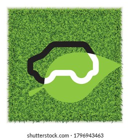Vector eco car icon on green grass. Ecology electric hybrid vehicle, green auto concept