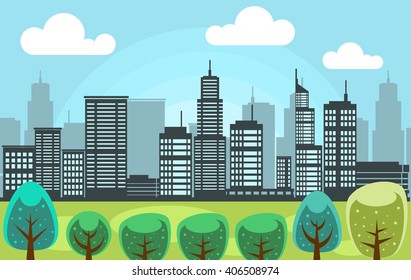 vector eco city scene behind the green park with trees and building combination