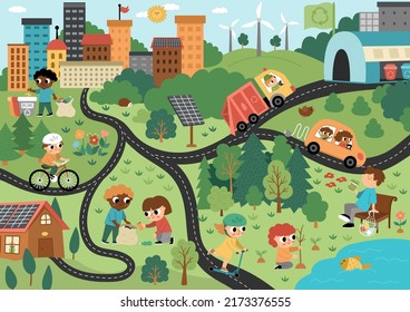 Vector eco city scene. Ecological town landscape with alternative transport, energy concept. Green city illustration with waste recycling plant, children caring of environment. Earth day picture
