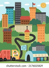 Vector eco Stadt Szene. Ökologische Stadtlandschaft mit Nullabfallkonzept. Grüne Stadtgrafik mit Gebäuden, Müllwagen, Abfallrecyclinganlage. Earth Day oder Naturschutzbild

