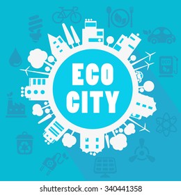 Vector eco city, town concept with ecology icons