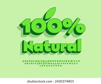 Vector eco concept 100% Natural. Bright Green 3D Font. Trendy Alphabet Letters and Numbers set.