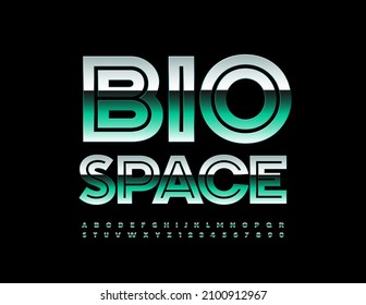 Vector Eco Concept Bio Space. Shiny Chrome Font. Set Of Green Metallic Alphabet Letters And Numbers