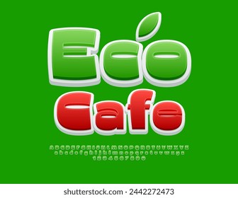 In: Vector eco concept Eco Cafe. Exklusive grüne Schrift. Helle dekorative Alphabet Buchstaben und Zahlen gesetzt.