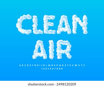 Vector eco concept Clean Air. Unique Creative Font, Sky textured Alphabet Letters and Numbers set. 