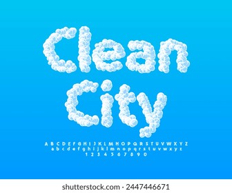 Vector eco concept Clean City. Sky pattern Font. Cloud textured Alphabet Letters and Numbers set