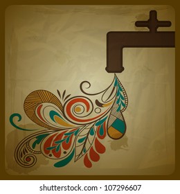 vector eco concept composition with a water tap and floral pattern flowing from it and symbolizing pure water.crumpled paper with grungy splashes and blots, eps 10