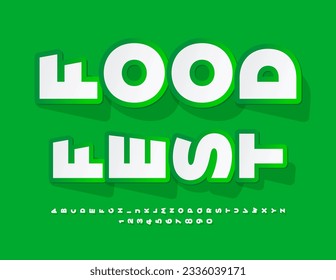 Vector eco concept Food Fest. Green Rotated Font. Sticker style Alphabet Letters and Numbers set.