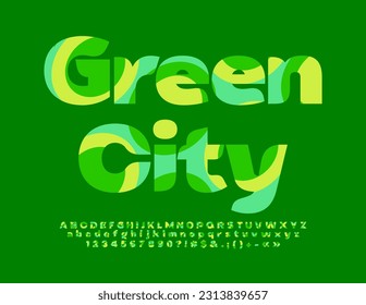 Vector eco concept Green City. Creative pattern Font. Artistic style set of modern Alphabet Letters, Numbers and Symbols