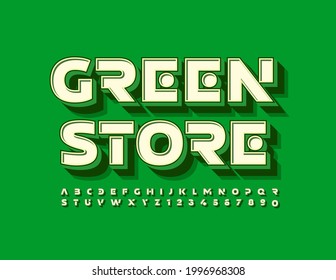 Vectoreco Konzept Green Store. Alphabet Letters and Numbers Set im abstrakten Stil. Kreative 3D-Schriftart