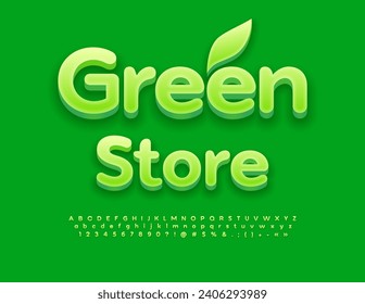 Vector eco concept Green Store with 3D Font. Creative Alphabet Letters with Shadow