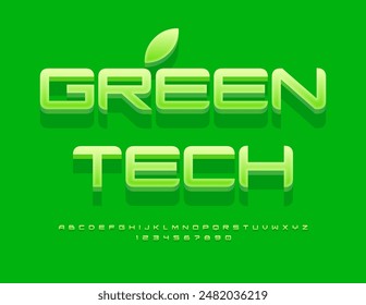 Vector eco concept Green Tech. Unique Green 3D Font. Modern Alphabet Letters and Numbers set.