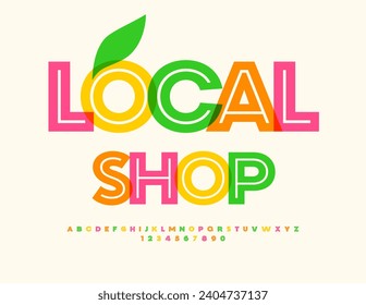 Vector eco Konzept Local Shop. Moderne helle Schriftart. Farbige Alphabet-Buchstaben und Zahlen setzen.
