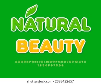 Vector eco concept Natural Beauty with decorative Leaf. Glossy Alphabet Letters and Numbers set. Green modern Font