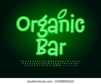 Vector eco Konzept Organic Bar. Grüne leuchtende Schriftart. Moderne Neon Alphabet Buchstaben und Zahlen setzen.