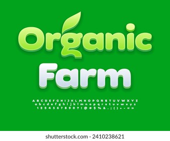 Concepto ecológico de vectores Granja orgánica. Letras, números y símbolos de alfabeto blanco puro. Fuente 3D creativa.