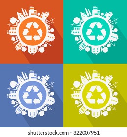 Vector Eco concept of town contained of ecology icons. Four colored variations