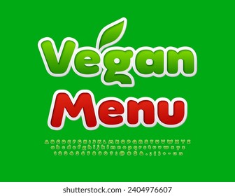 Vector eco concept Vegan Menu. Red sticker Font. Creative Alphabet Letters, Numbers and Symbols.