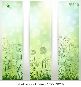 Vector eco design for floral banner.  Clover and strawberry plants. Bumble bee and ladybug. Place for your text.