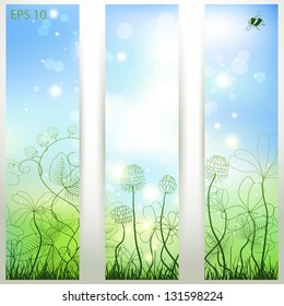 Vector eco design for floral banner. Clover and strawberry plants. Bumble bee and ladybug. Place for your text.