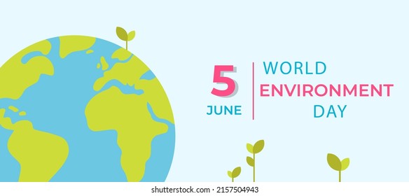 Vector eco earth save concept. World Environment day flat modern design. Blue Planet earth with green leaves. 5 June.