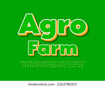 Vector eco Emblem Agro Farm. Green and Yellow bright Font. Creative 3D Alphabet Letters, Numbers and Symbols set