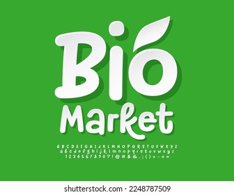 Vector eco emblem Bio Market with decorative Leaf. Clean White Font. Calligraphic set of sticker style Alphabet Letters, Numbers and Symbols